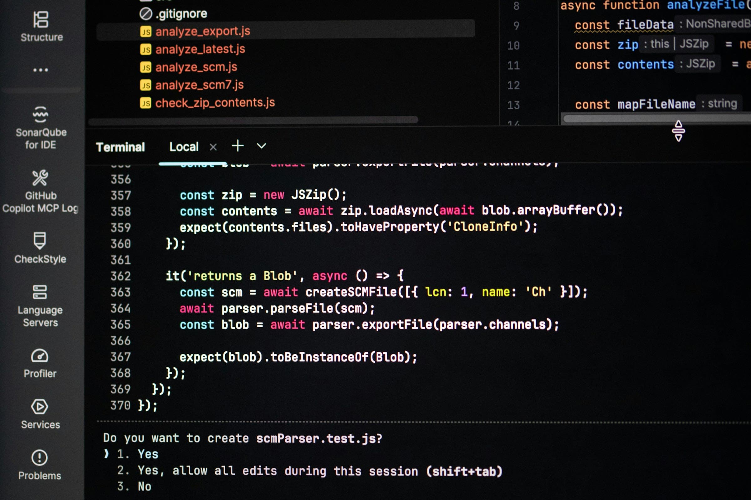 AI coding agent asking to create a test file in an IDE terminal